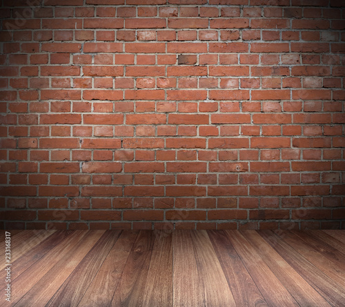 Red Brick wall with wooden floor Background