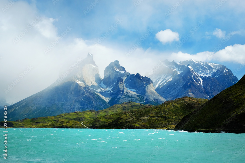 Patagonia, Chile - Torres del Paine. Majestic peaks of Los Kuernos over Lake Pehoe. The national park Torres del Paine, Patagonia, Chile