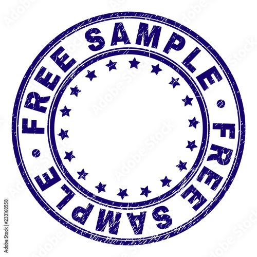 FREE SAMPLE stamp seal imprint with grunge style. Designed with round shapes and stars. Blue vector rubber print of FREE SAMPLE text with grunge texture.