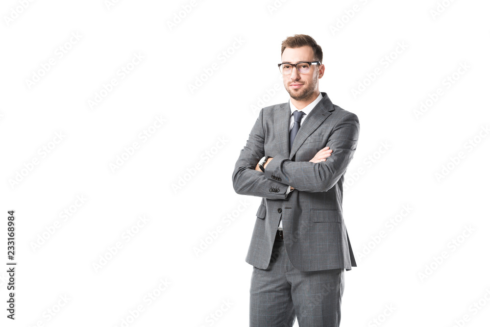adult businessman in glasses with arms crossed isolated on white adult businessman in glasses with arms crossed isolated on white