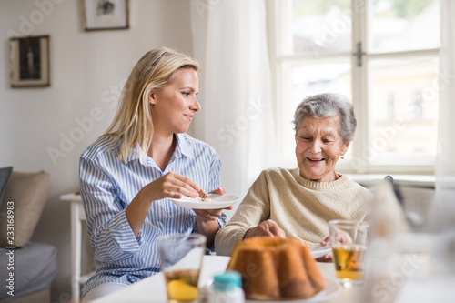 Senior woman in wheelchair with a health visitor sitting at the table at home, eating.