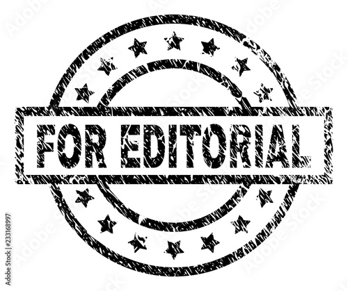 FOR EDITORIAL stamp seal watermark with distress style. Designed with rectangle, circles and stars. Black vector rubber print of FOR EDITORIAL caption with unclean texture.