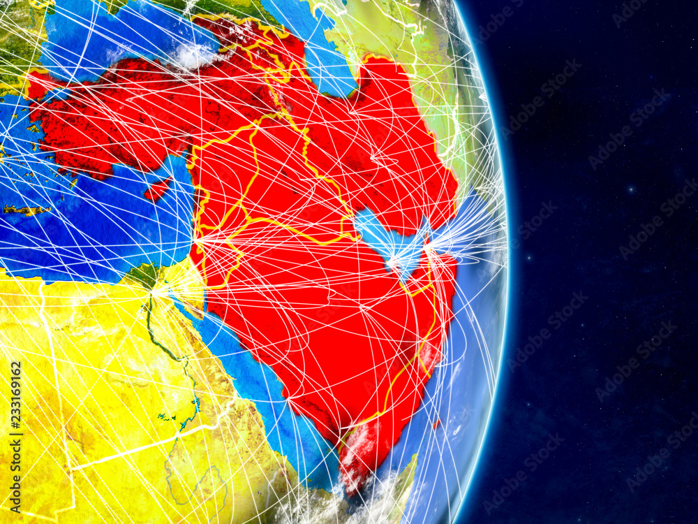 Fototapeta premium Western Asia on planet Earth with networks. Extremely detailed planet surface and clouds.