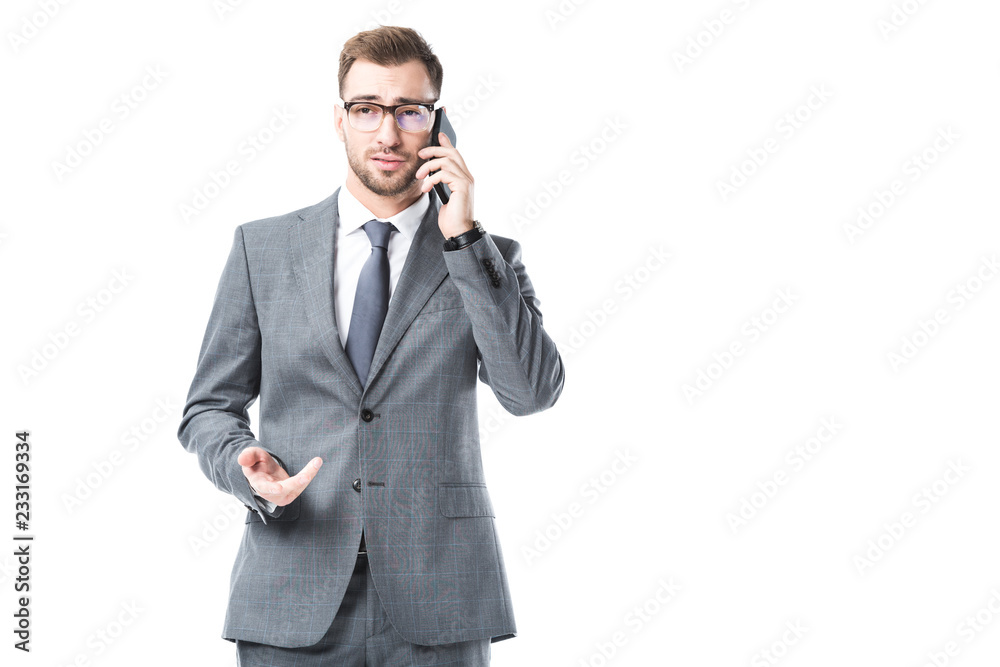 adult businessman in glasses talking on smartphone isolated on white adult businessman in glasses talking on smartphone isolated on white