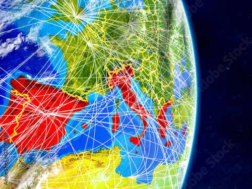 Southern Europe on planet Earth with networks. Extremely detailed planet surface and clouds.
