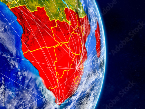 Southern Africa on planet Earth with networks. Extremely detailed planet surface and clouds.