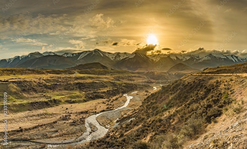 Cave Stream Scenic Reserve during sunset, South Island, New Zealand - obrazy, fototapety, plakaty 