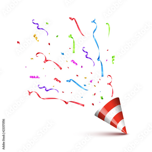 Red striped cane with exploding serpentine isolated on white background. Vector holiday design element.