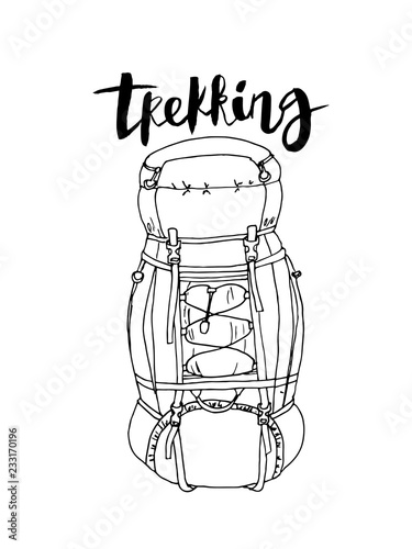 Vector expeditionary tourist backpack and lettering Trekking