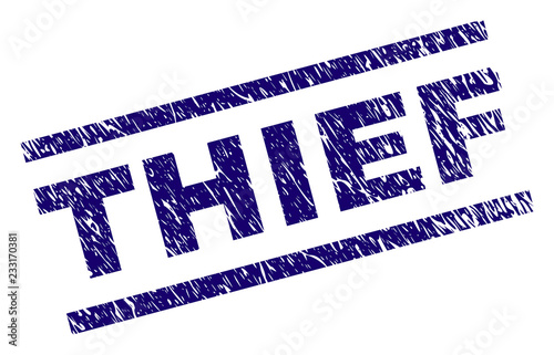 THIEF seal watermark with scratced style. Blue vector rubber print of THIEF title with unclean texture. Text title is placed between parallel lines.