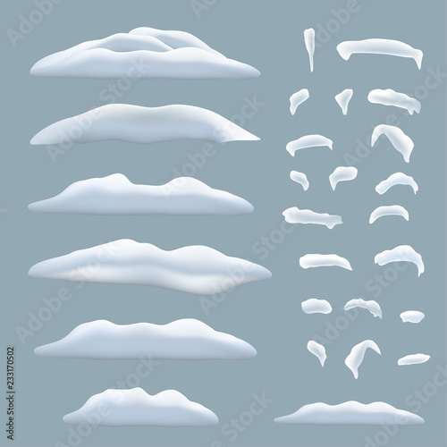 Snow elements set isolated on light blue background. Vector snowdrifts and snow objects.