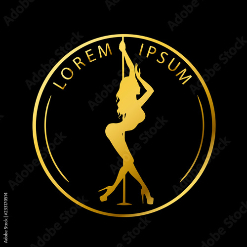 Gold logo for Dance studio, Pole dance, stripper club. Silhouette pole dance on a black background. Pole dance exotic vector illustration. Vector illustration for logotype, icon, banner
