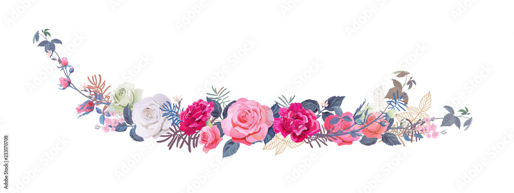 Christmas horizontal border, bouquet of flowers: red, pink, mauve roses, carnations, pine branches, cones, leaves. Digital draw illustration, watercolor style, vintage, vector. Panoramic view - obrazy, fototapety, plakaty 