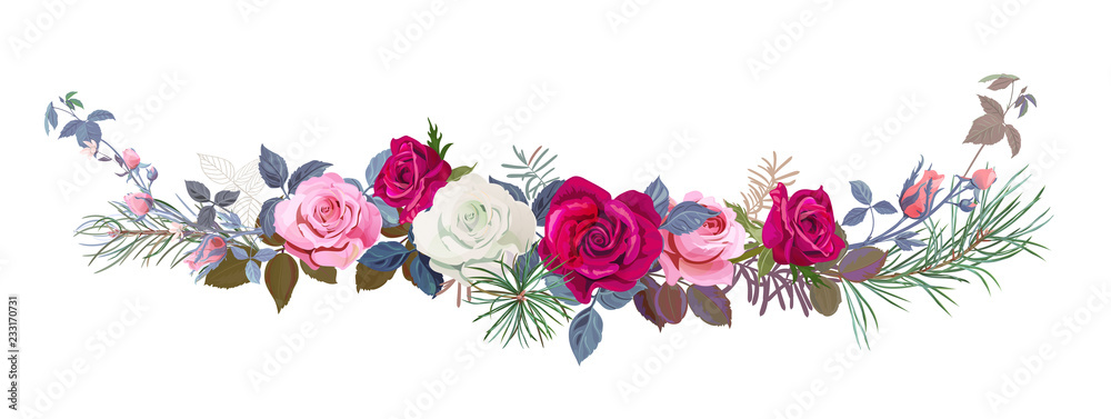 Christmas horizontal border, bouquet of flowers: red, pink, white roses, pine branches, cones, leaves. Digital draw illustration, watercolor style, vintage, vector. Panoramic view