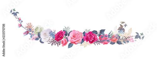 Christmas horizontal border, bouquet of flowers: red, pink, mauve roses, carnations, pine branches, cones, leaves. Digital draw illustration, watercolor style, vintage, vector. Panoramic view