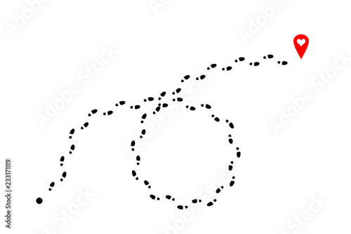 Man footprints and red map pin with heart. Vector design element.