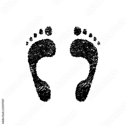 Black grunge barefoot footprint isolated on white background. Vector design element.