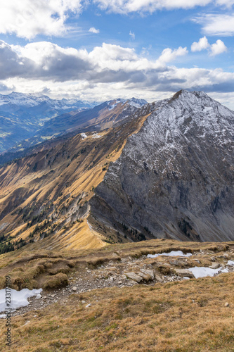 Wanderweg auf dem Berg Niesen mit Blick auf die Schweizer Alpen – Berner Oberland, Schweiz