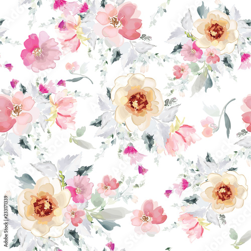 Vector seamless pattern with flower and plants in watercolor style.