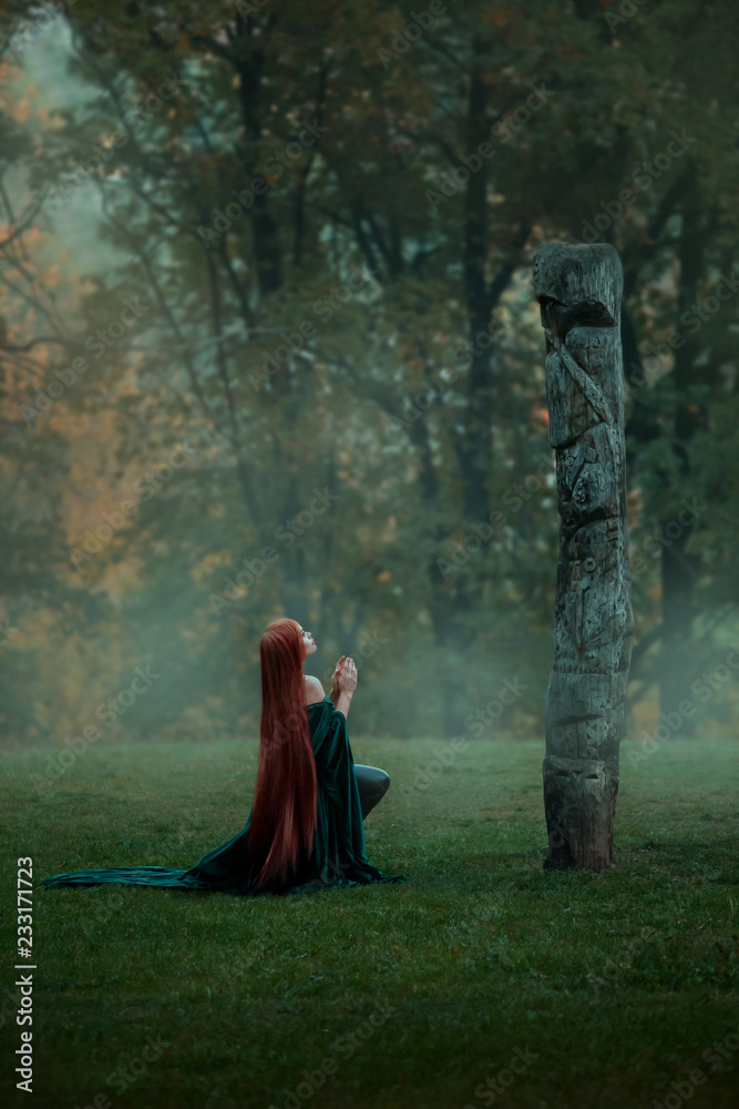 Φωτογραφία womderful young girl lives in a misty forest, comes to a clearing on a hill to a
