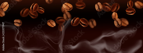 Flying coffee beans Banner, horizontal