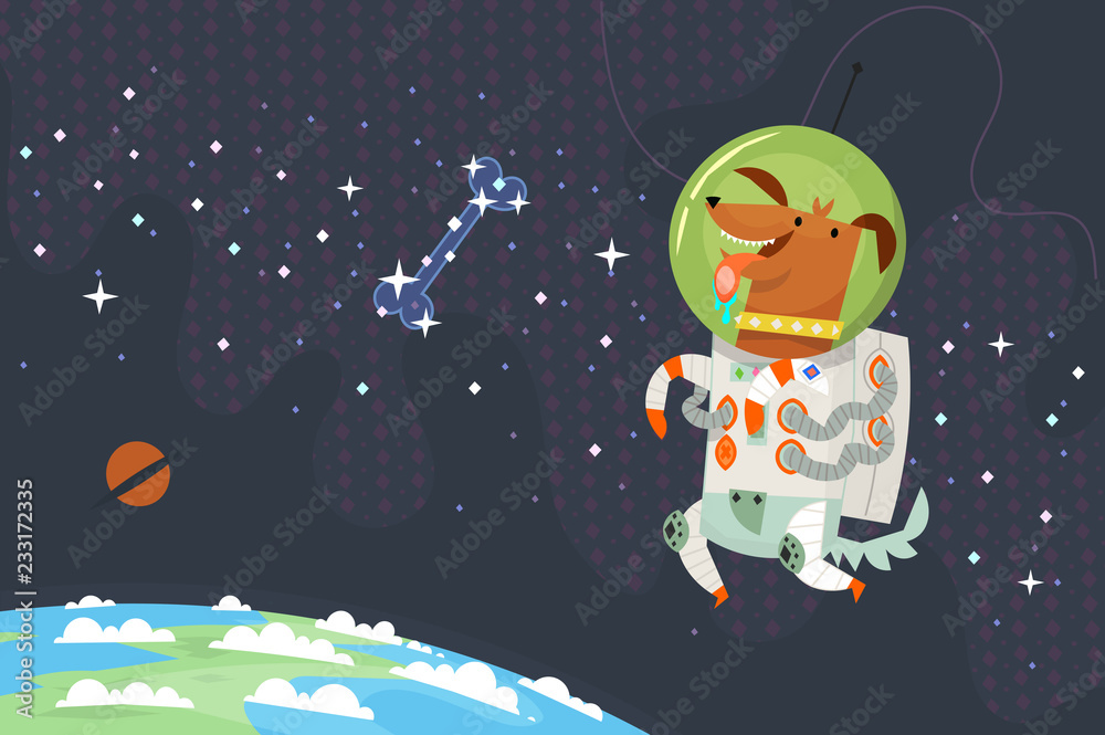 Naklejka premium First dog astronaut in spacesuit floating in outer space chasing a sugar bone made of stars.