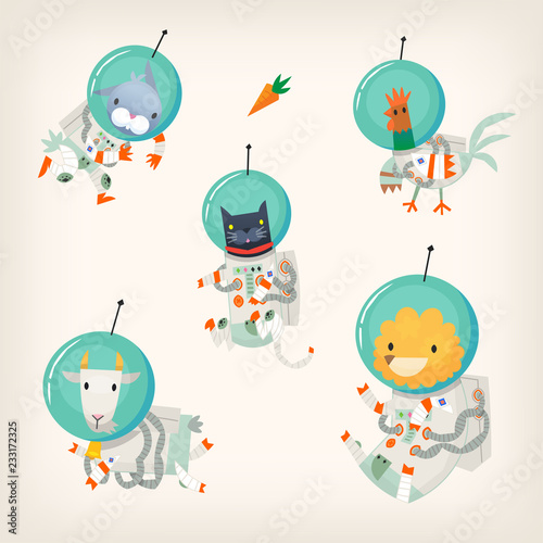 Set of farm animals wearing spacesuits floating in outer space.