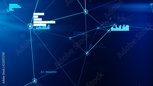 Futuristic abstract blue network and data connection 3D illustration. Looping particle nodes move and connect. Technology, communication and social media concept.