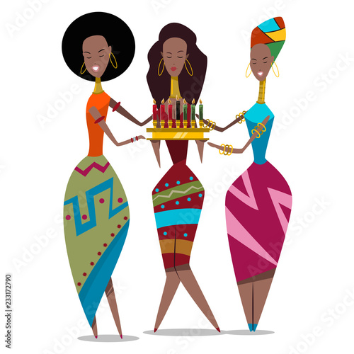 Happy Kwanzaa holiday illustration. Vector cartoon flat character of three african american women with candles isolated on a white background.
