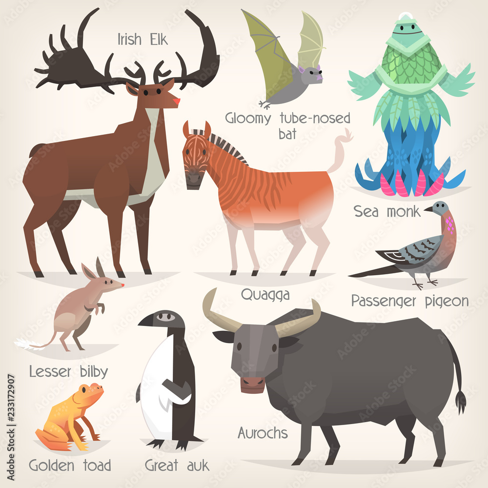Collection of extinct animals with names. List of mammals, birds and sea  creatures that ceased to exist. Stock Vector | Adobe Stock