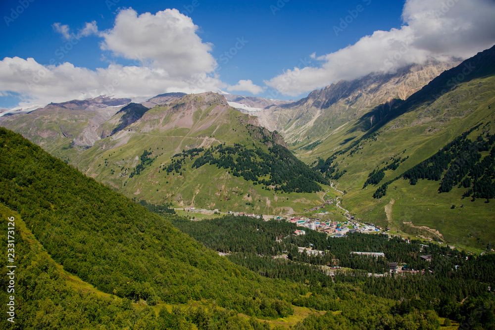 View of the village Terskol from Mount Cheget