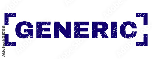 GENERIC text seal print with distress texture. Text tag is placed inside corners. Blue vector rubber print of GENERIC with dust texture.