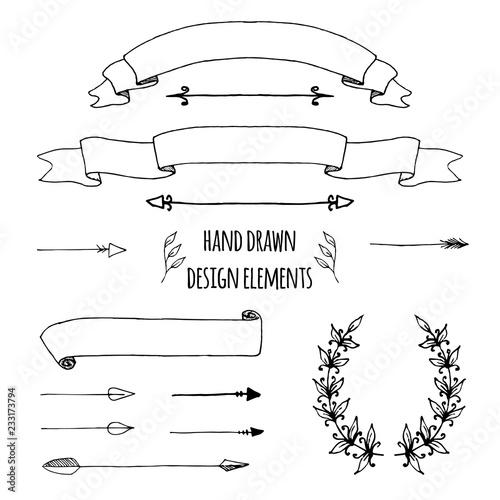 Set of handdrawn Ribbons, arrows, laurel wreath, page deviders. Hand drawn sketched, vector illustration for bullet journal, notepad, memobook, scrapbooking, invitations, weddings, design templates. photo