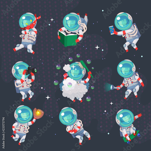 Women Astronauts in space. Various sports and leisure activities in open space.
