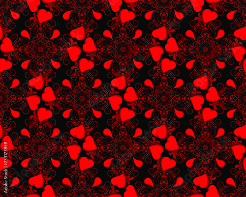abstract pattern with red curls and hearts