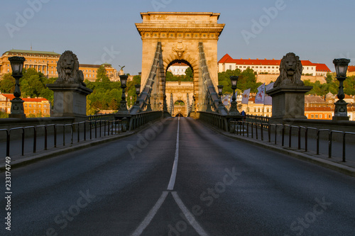Szechenyi Chain Bridge between Buda and Pest on the river Danube in the capital of Hungary . Budapest. Symbol to Budapest. European city Budapest.