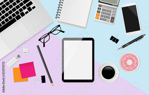 Digital tablet with blank screen and notebook, pen, black metallic paper clips, calculator, coffee cup, donut, eyeglasses and laptop on pastel color background, flat lay, Top view. Vector illustration