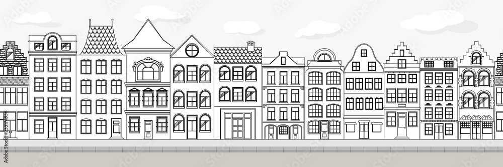 Seamless Border of Cute retro houses exterior. Collection of European building facades. Traditional architecture of Belgium and Netherlands. Sweden, Norway, Daanmark