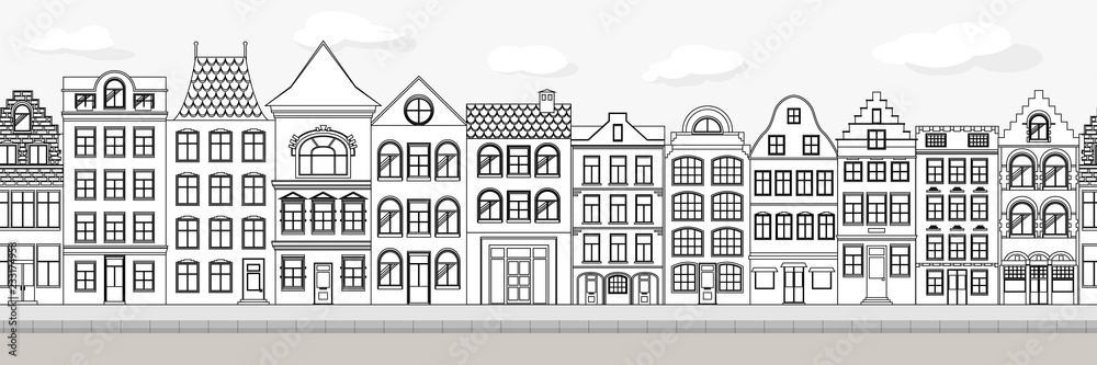 Seamless Border of Cute retro houses exterior. Collection of European building facades. Traditional architecture of Belgium and Netherlands. Sweden, Norway, Daanmark Seamless Border of Cute retro houses exterior. Collection of European building facades. Traditional architecture of Belgium and Netherlands. Sweden, Norway, Daanmark