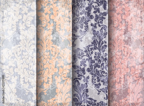 Vintage Baroque Victorian pattern set Vector. Floral ornament decoration. Leaf scroll engraved retro grunge texture design. Pastel colors