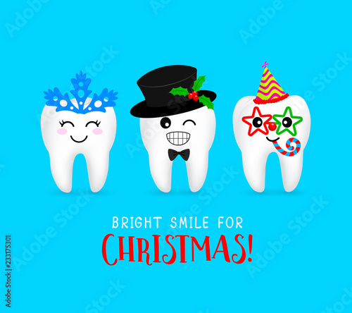 Set of Christmas tooth characters. Emoticons facial expressions. Funny dental care concept. Illustration isolated on blue background.