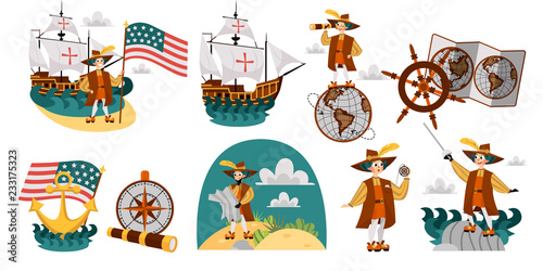 Columbus Day set with ship map helm compass symbols photo