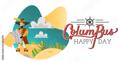 Happy Columbus day poster with great spanish sailor