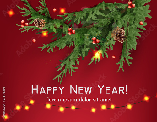 Happy New Year 2019 watercolor card Vector. Red Christmas balls decors