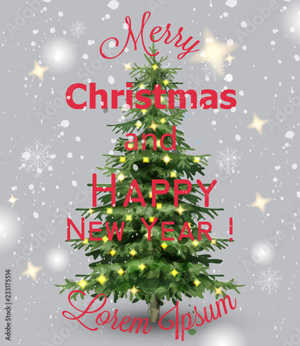 Merry Christmas watercolor card Vector. Snowing Christmas tree background dec...