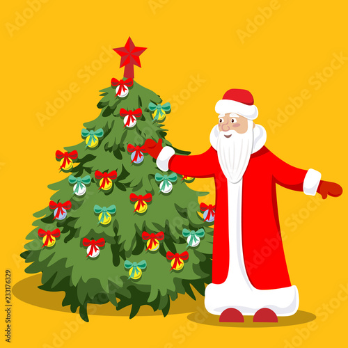 The small green Christmas tree is brightly decorated with balloons and kind Santa Claus. Illustration in flat style.