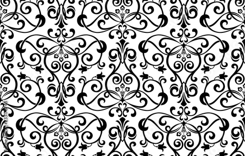 Wallpaper in the style of Baroque. Seamless vector background. White and black floral ornament. Graphic pattern for fabric, wallpaper, packaging. Ornate Damask flower ornament