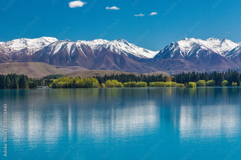 Lake Ruataniwha, New Zealand, South Island, trees and mountains, azure water reflections