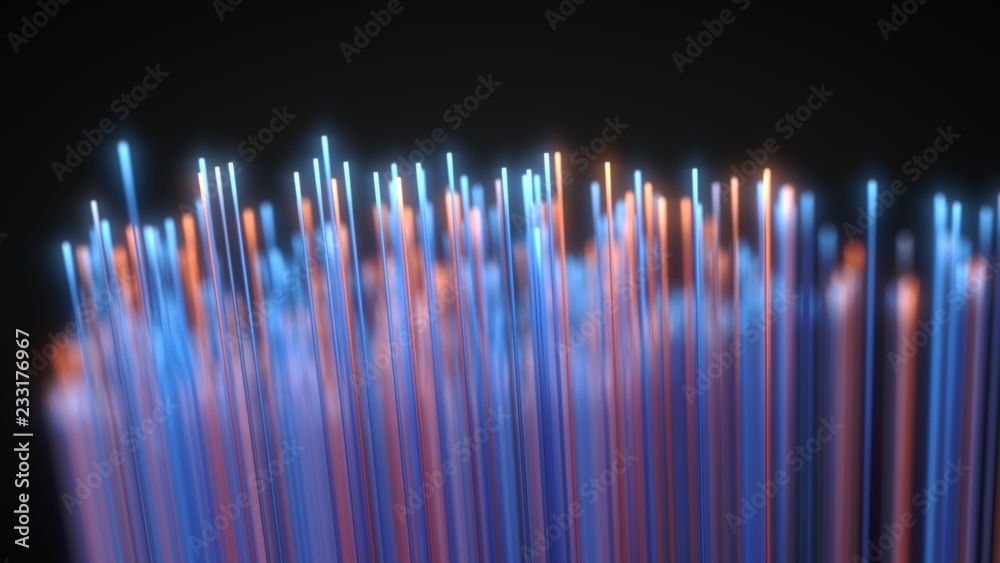 glowing fiber optic strings in dark. 3d illustration glowing fiber optic strings in dark. 3d illustration