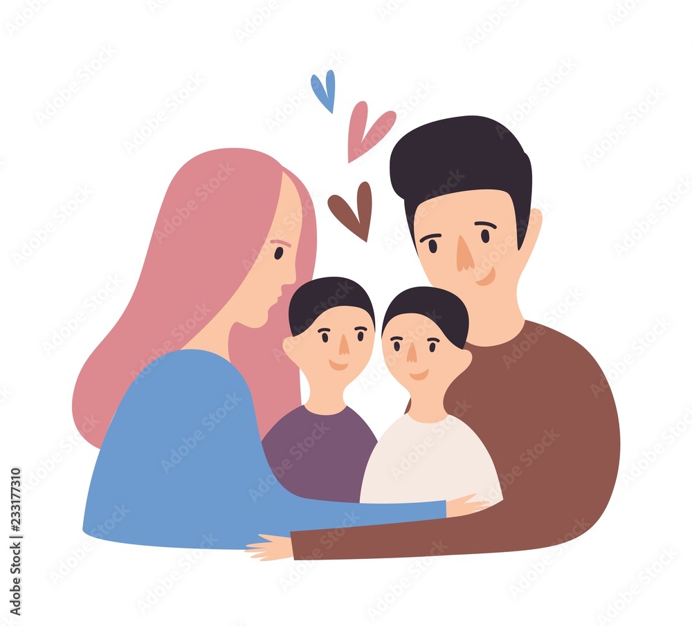 Portrait of loving family. Happy father, mother and pair of kids cuddling.  Cute parents and children hugging. Funny cheerful cartoon characters.  Colored vector illustration in modern flat style. Stock Vector | Adobe